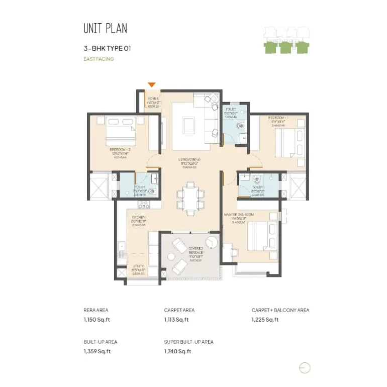 neon by modern spaaces 3 bhk type 1 floor plan
