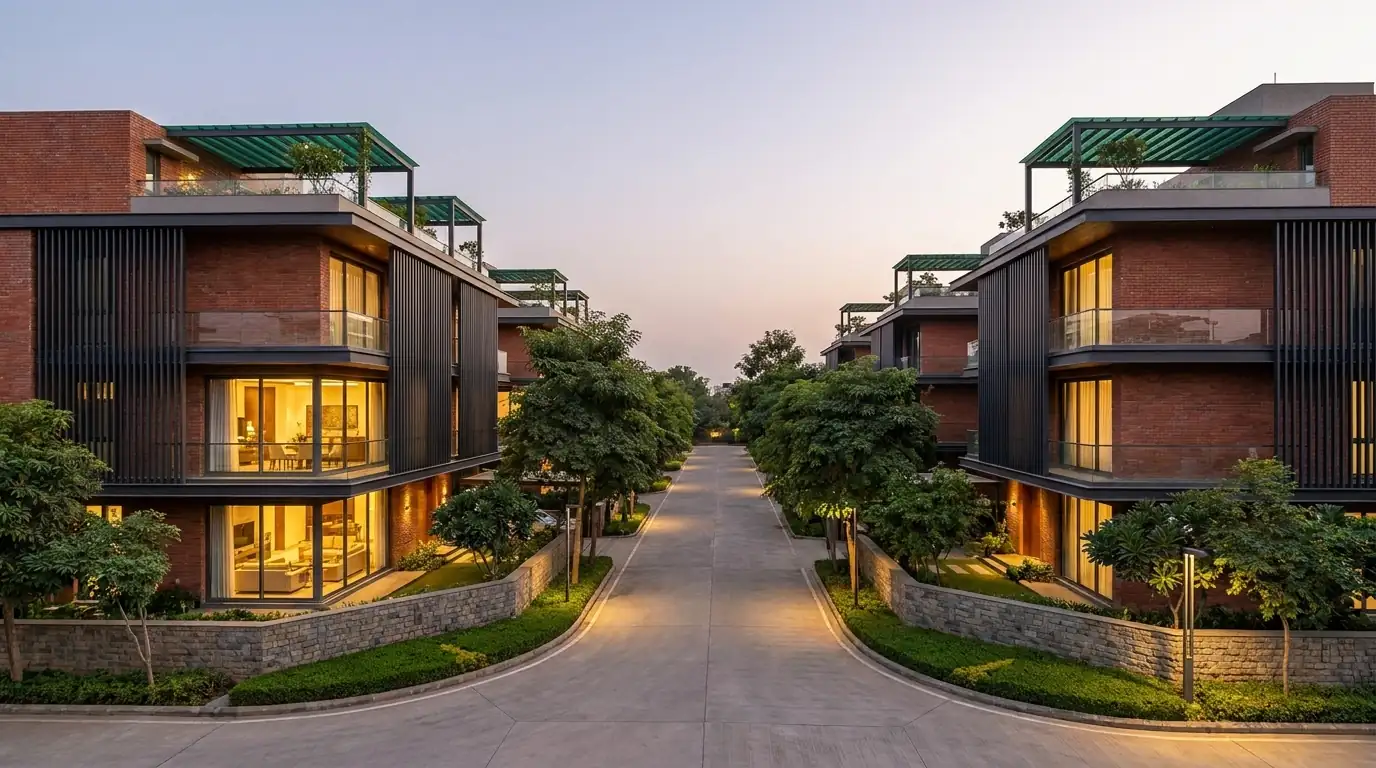 Modern Spaaces Urban Oasis gated villa community at dusk, Sarjapur Road, Bangalore
