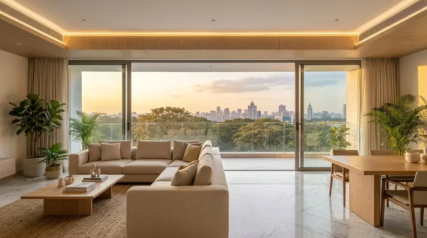 Artist’s impression of a spacious 3 BHK living and dining room with a balcony view