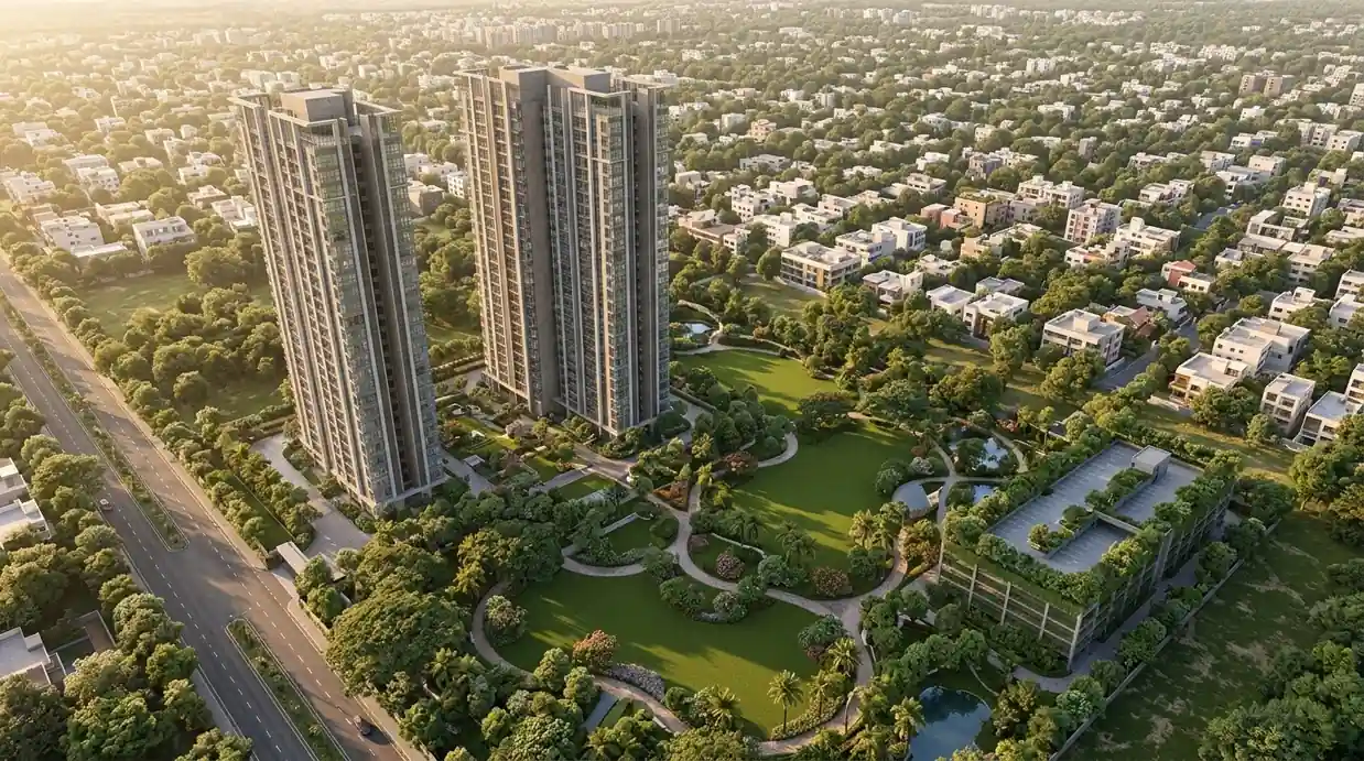 Artist’s impression of an aerial view showing two towers and landscaped open grounds in Sompura Gate, Bengaluru