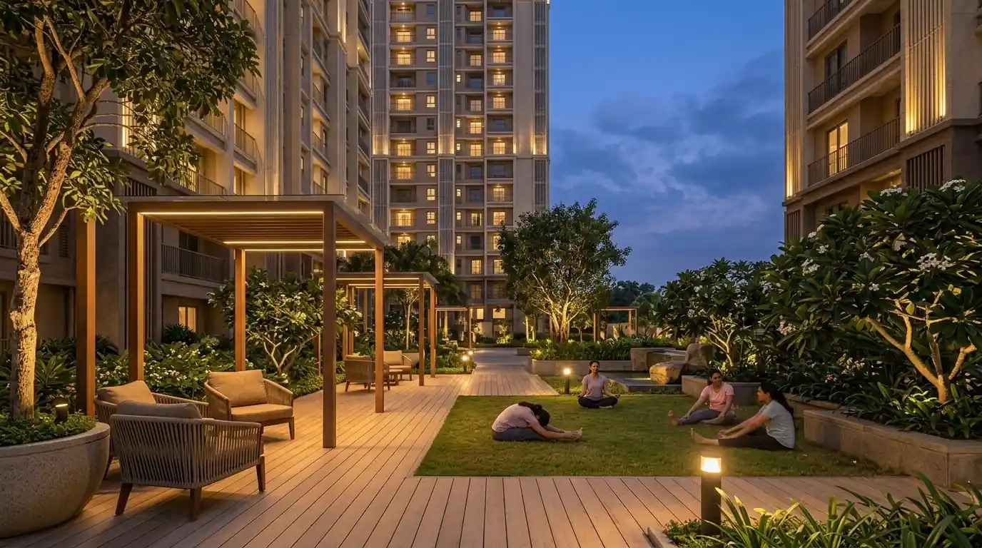 Artist’s impression of a landscaped wellness courtyard among residential towers