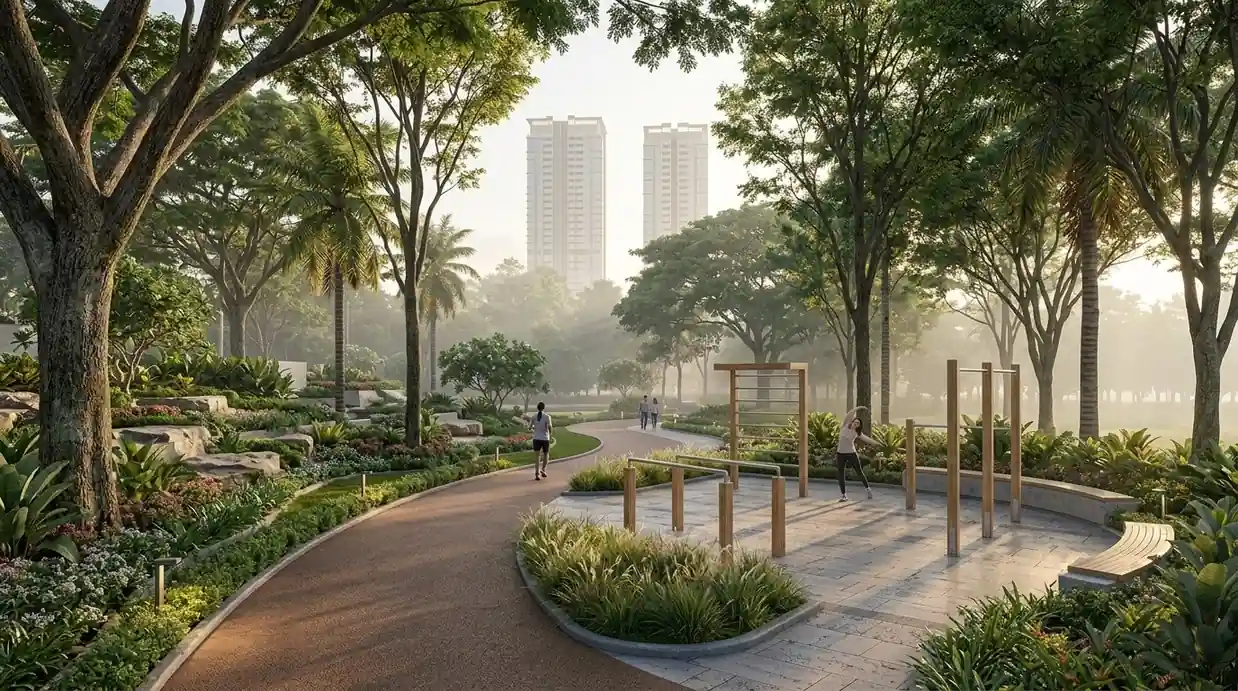 Artist’s impression of a landscaped jogging track and outdoor fitness zone within a residential community