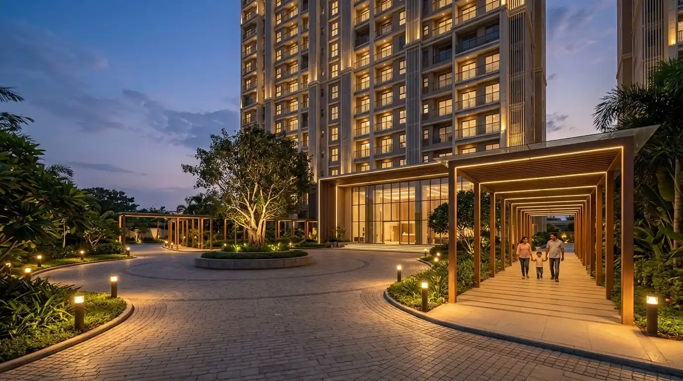 Artist’s impression of the landscaped arrival plaza and entrance of a high-rise residential tower in Bengaluru